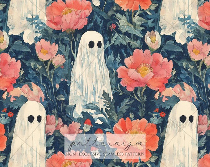 Seamless Vintage Halloween Ghost Pattern Digital Download – Floral Spooky Cute Design, Cottagecore Ghosts & Flowers, Fall Fabric