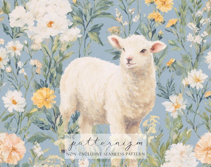 Seamless Lamb Garden Floral Pattern Digital Download – Baby Sheep Watercolor Repeat, Soft Nursery Fabric
