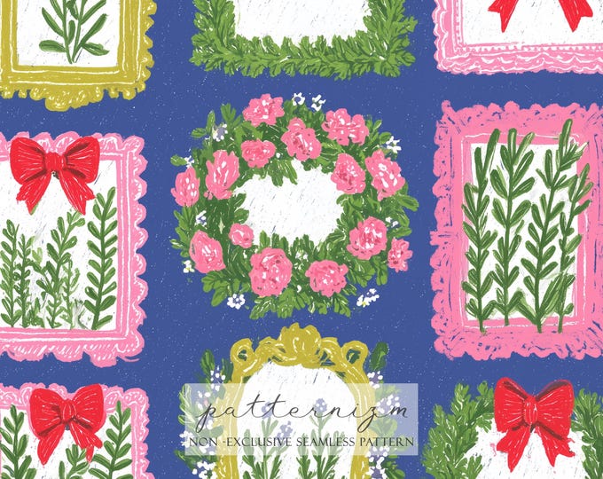 Framed Floral Seamless Pattern – Vintage Frames with Flowers and Ribbon Bows, Scrapbook Digital Paper
