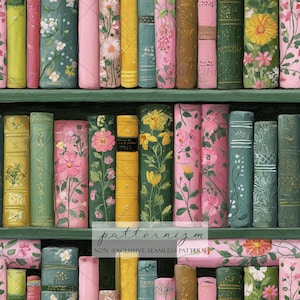 Floral Bookshelf Pattern Seamless Pattern Paper – Vintage Cottagecore Book Design, Illustrated Bookish Pattern, Reading, Digital Download
