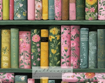 Wzór kwiatowy na półce na książki, papier bez szwu – projekt książki Vintage Cottagecore, ilustrowany wzór książkowy, czytanie, pobieranie cyfrowe