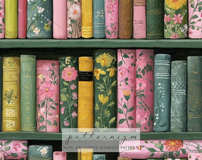 Floral Bookshelf Pattern Seamless Pattern Paper – Vintage Cottagecore Book Design, Illustrated Bookish Pattern, Reading, Digital Download