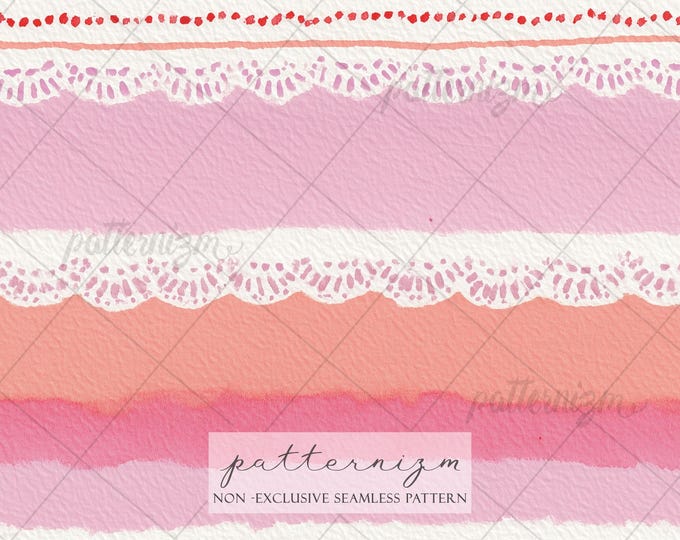 Seamless Pink Lace Stripe Pattern Digital Download – Soft Watercolor Borders, Feminine Fabric Design