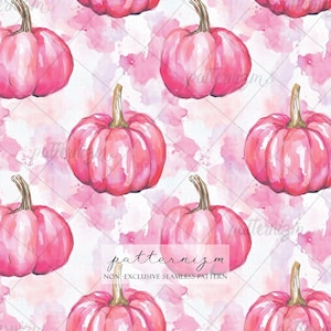 May include: A seamless repeating pattern featuring watercolour-style pink pumpkins with brown stems set against a light pink and white wash background. The text patternizm NON-EXCLUSIVE SEAMLESS PATTERN is centred over the design in black font.