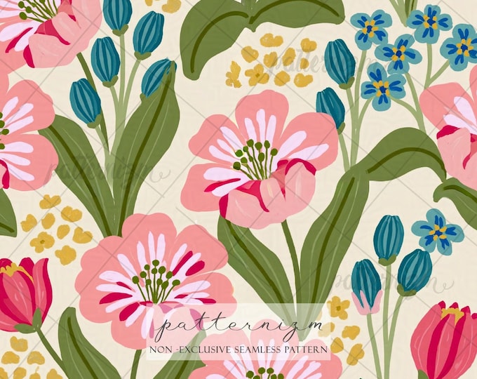 Vintage Wildflower Seamless Pattern Digital Download – Cottagecore Botanical Floral Fabric Design in Pink Blue