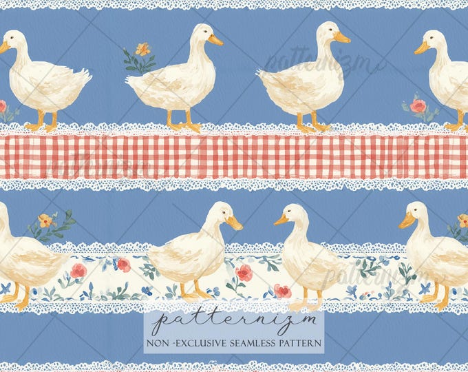 Silly Goose Seamless Pattern, Patriotic Duck Farm Design, 4th of July Americana Fabric, Vintage Gingham Lace Cottagecore Summer Print