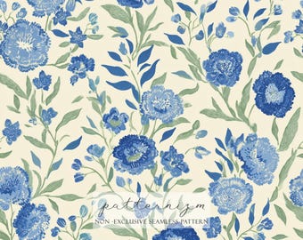 Blaues nahtloses mit Blumenmuster - Rapportiertes Blumendesign mit grünen Blättern für Stoff, Tapete und Kunsthandwerk