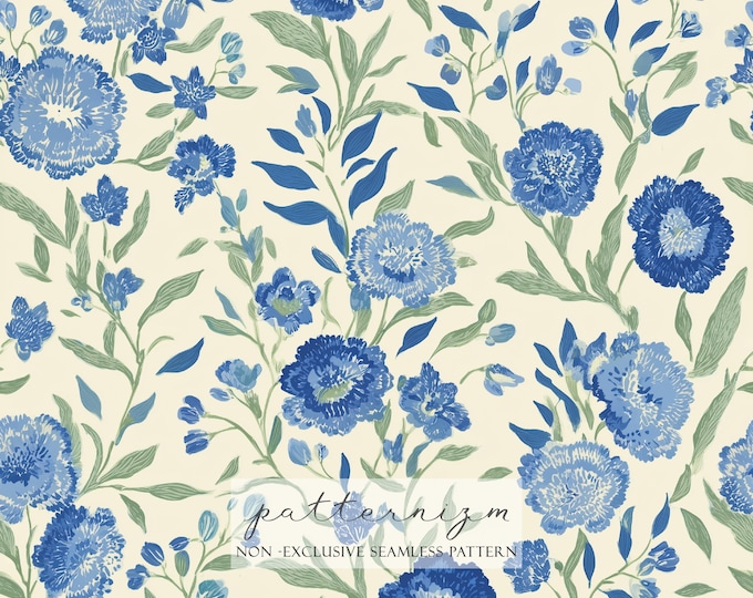 Blue Floral Seamless Pattern – Repeat Watercolor Flower Design with Green Leaves for Fabric, Wallpaper, and Crafts