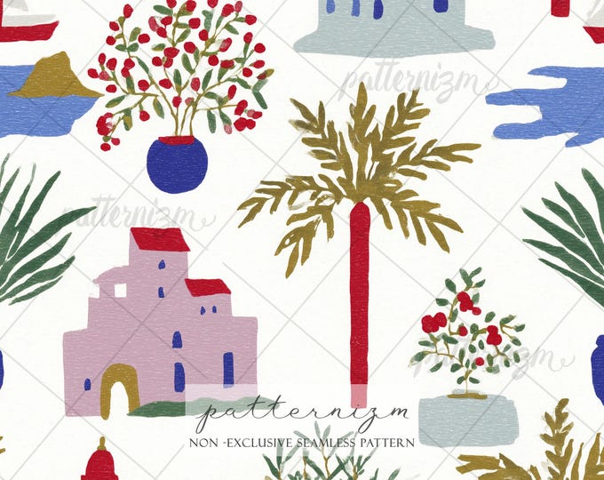 Mediterranean Village Seamless Pattern – Greek Island Houses, Palm Trees & Sailboats, Summer Vacation Digital Download, Travel Theme Art