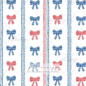 Puede incluir: Patrón sin costuras con lazos azules y rojos sobre fondo blanco. Rayas verticales de elementos decorativos azules y rojos separan las filas de lazos. El texto "patternizm" y "NON-EXCLUSIVE SEAMLESS PATTERN" también son visibles.