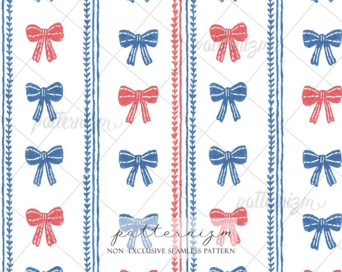 Seamless Patriotic Bow Pattern Digital Download – Red Blue Painted Ribbons, Americana Fabric