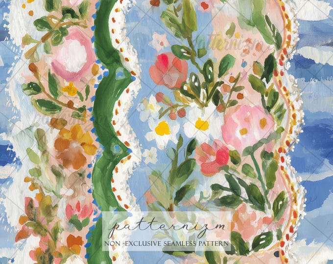 Coastal Floral Seamless Pattern, Scalloped Stripe Design, Ocean Inspired Botanical Print, Summer Beach Fabric Pattern, Artistic Nature