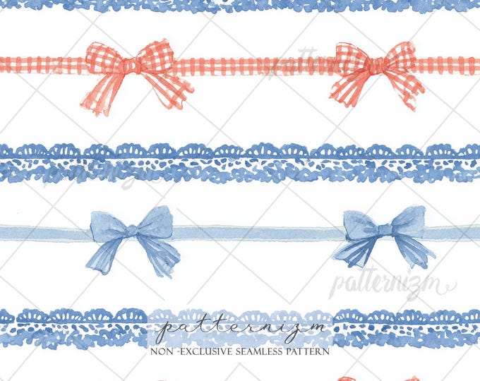 Seamless Patriotic Ribbon Pattern Digital Download – 4th of July Americana Lace & Gingham Bow Stripe Design, Cottagecore Fabric