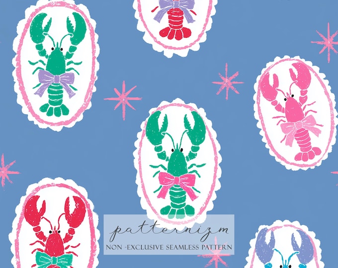 Seamless Lobster Cameo Pattern Digital Download – Preppy Nautical Crustacean Design, Coastal Summer Printable, Vintage Seafood Fabric