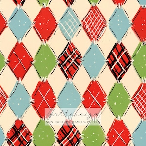 May include: Seamless pattern featuring a repeating diamond design in red, green, and blue on a cream background. The diamonds have various patterns, including crosshatching and dots. The text "patternizm! NON-EXCLUSIVE SEAMLESS PATTERN" is at the bottom.