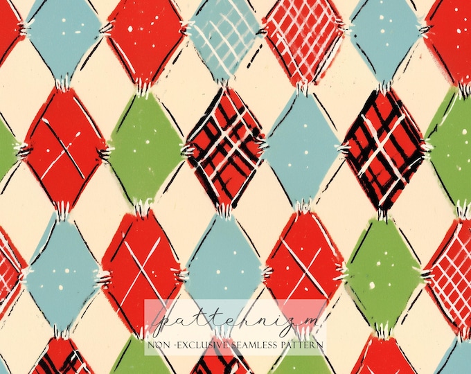 Seamless Retro Argyle Pattern Digital Download – Mid Century Red Green Blue Diamond Design, Vintage Geometric Fabric