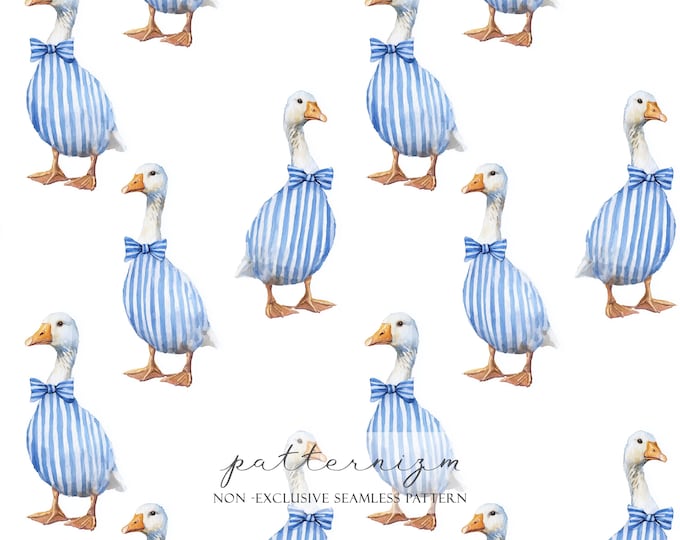 Striped Silly Goose Seamless Pattern – Blue Bow Goose Repeat Design for Nursery Fabric, Farmhouse Decor and Crafts