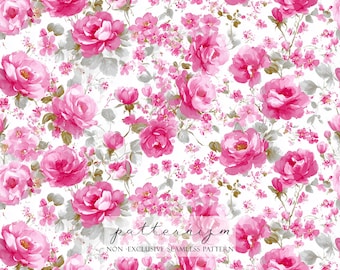 Pink Rose Floral Seamless Pattern – Romantic Watercolor Garden Flower Repeat for Fabric, Wallpaper, Wedding Decor and Crafts, Shabby Chic