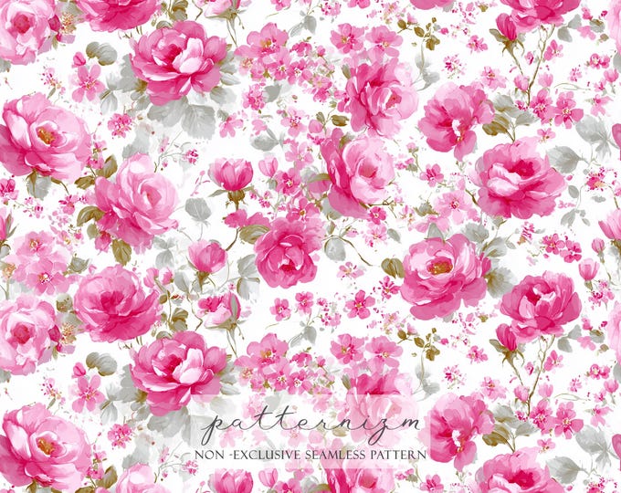 Pink Rose Floral Seamless Pattern – Romantic Watercolor Garden Flower Repeat for Fabric, Wallpaper, Wedding Decor and Crafts, Shabby Chic