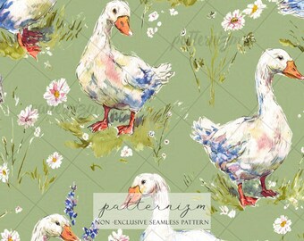 Watercolor Goose Meadow Seamless Pattern Digital Download – Cottage Farm Goose Floral Fabric Design