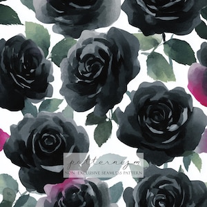 以下が含まれることがあります： 白地に黒いバラと緑の葉を描いた水彩模様。デザインには「patternizm」と「NON-EXCLUSIVE SEAMLESS PATTERN」の文字が含まれています。バラは暗く、ムードのある美学を持っています。