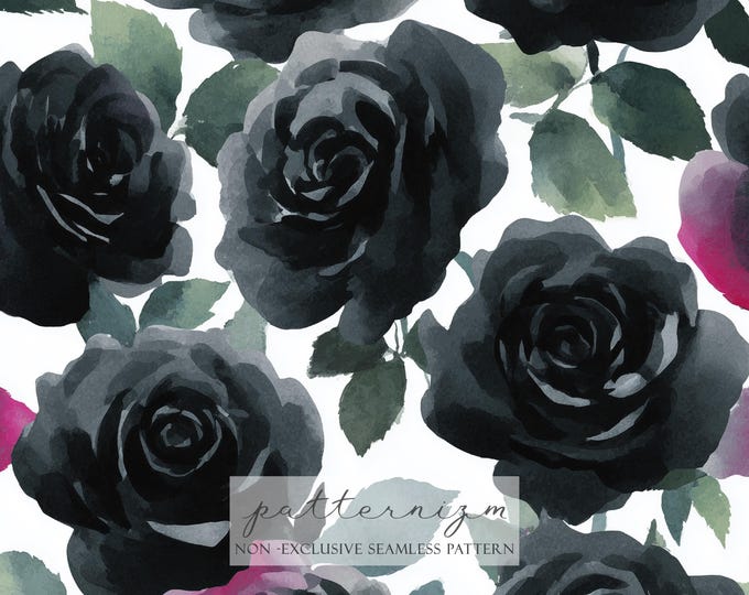 Black Rose Seamless Pattern Digital Paper – Dark Romantic Watercolor Floral Repeat Design for Fabric