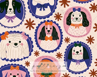 Cute Vintage Dog Portrait Seamless Pattern Digital Download – Coquette Puppy Cameo Fabric for Nursery Decor