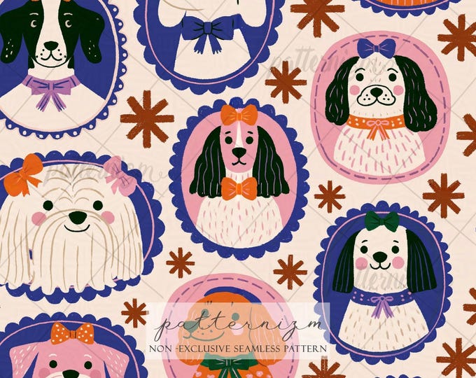 Cute Vintage Dog Portrait Seamless Pattern Digital Download – Coquette Puppy Cameo Fabric for Nursery Decor