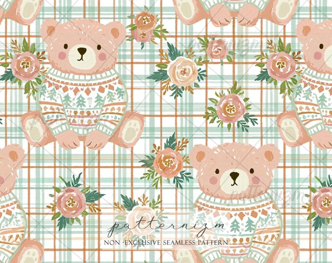 Cozy Teddy Bear Seamless Pattern Digital Download – Winter Plaid Nursery Print for Fabric & Baby Wallpaper