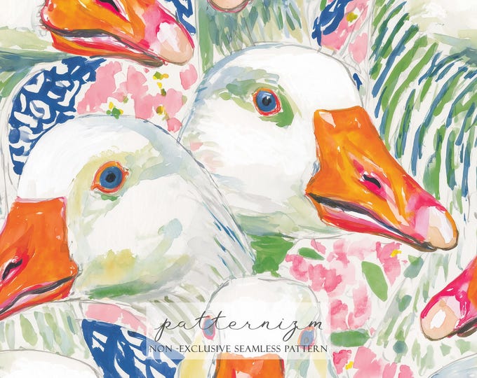 Seamless Goose Pattern Digital Download – Watercolor Geese Faces, Colorful Farm Animal Print, Bold Nursery Fabric Repeat
