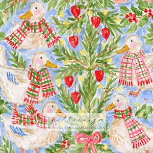 May include: A seamless pattern featuring white ducks wearing red and green plaid scarves, interspersed with green pine branches, red heart-shaped ornaments, and red berries against a light blue background with the text patternizm.