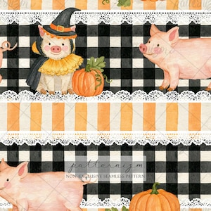 May include: A seamless digital pattern featuring watercolor illustrations of pink pigs, some wearing black witch hats and yellow ruffled collars, alongside orange pumpkins. The design includes black and white buffalo plaid, orange stripes, and white lace trim.