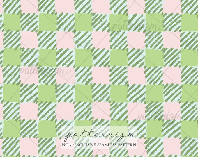 Seamless Pastel Gingham Pattern Digital Download – Green & Pink Checked Plaid Design, Textured Drawn Gingham, Retro Picnic Fabric Print