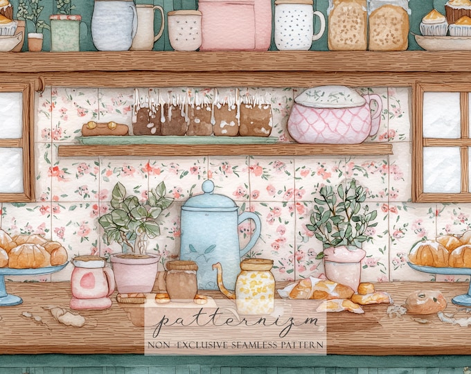 Cottagecore Kitchen Seamless Pattern – Watercolor Shelf with Baked Goods, Jars and Teacups for Cozy Digital Crafts & Stickers