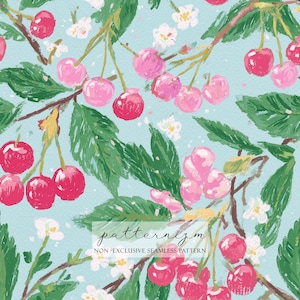 May include: Seamless pattern featuring watercolor illustrations of cherries, leaves, and blossoms on a light blue background. The design includes clusters of red and pink cherries, green leaves, and small white flowers. The text "patternizm" and "NON-EXCLUSIVE SEAMLESS PATTERN" is visible.