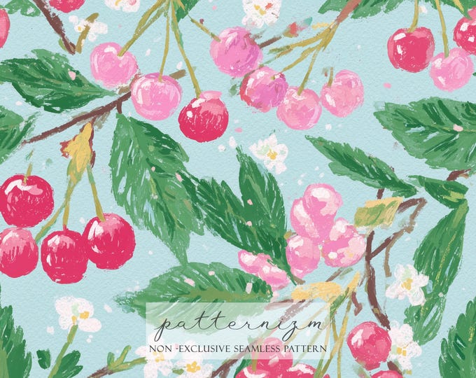 Seamless Cherry Blossom Fruit Pattern Digital Download – Sweet Cherries Floral Repeat, Summer Fabric Design