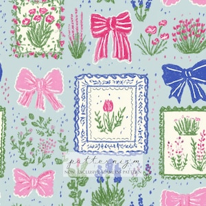 May include: Seamless pattern design featuring pink bows, floral elements, and framed botanical illustrations on a light blue background. The design includes a variety of flowers and foliage, creating a whimsical and decorative aesthetic. The text "patternizm" is also visible.