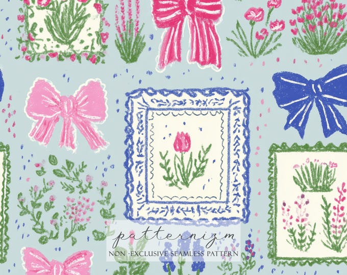 Coquette Bow Patchwork Seamless Pattern – Blue Vintage Crayon Floral Frames, Girly Ribbon Collage Repeat Digital Paper
