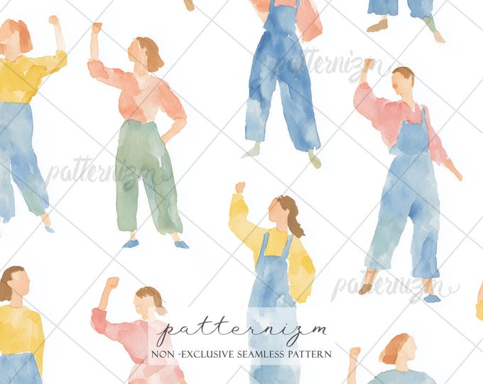 Seamless International Women’s Day Pattern – Empowered Women in Overalls Art, March 8th Girl Power Design, Feminist Watercolor Fabric Print