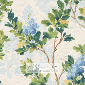 Könnte beinhalten: Nahtloses Muster mit Aquarellillustrationen von Zweigen mit grünen Blättern, blauen und gelben Blüten und braunen Stielen. Der Hintergrund ist hellbeige mit einem dezenten Damastmuster und Schrifttext. Der Text "patternizm" ist sichtbar.