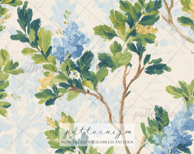 Seamless Painterly Botanical Pattern Digital Download – Hand Painted Green Leaves, Artistic Fabric