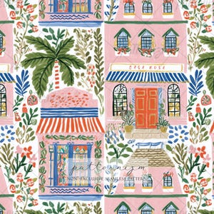 Könnte beinhalten: Ein sich wiederholendes Muster mit rosa Gebäuden mit blau-weiß gestreiften Markisen, roten Türen und grünen Fensterrahmen. Die Gebäude sind von Grün und Blumen umgeben. Der Text "CASA ROSA" ist auf einem Gebäude zu sehen. Der Text "NON-EXCLUSIVE SEAMLESS PATTERN" ist ebenfalls sichtbar.