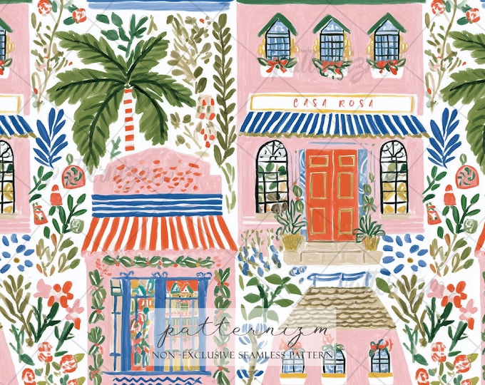 Seamless Pink Villa Pattern Digital Download – Mediterranean Casa Rosa Print, Tropical Palm House Design, Coastal Repeat