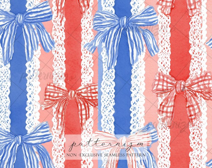 Patriotic Ribbon Bow Seamless Pattern, 4th of July Lace Stripe Design, Red Blue Vintage Feminine Fabric, Cottagecore Americana Print