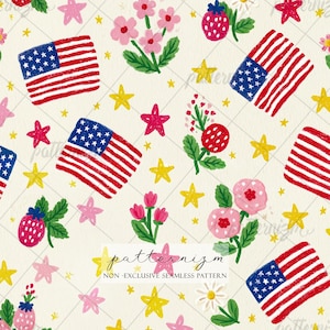May include: A seamless pattern featuring hand-drawn illustrations of the American flag, stars, strawberries, and flowers in red, white, blue, and yellow. The text "patternizm" and "NON - EXCLUSIVE SEAMLESS PATTERN" are also included.