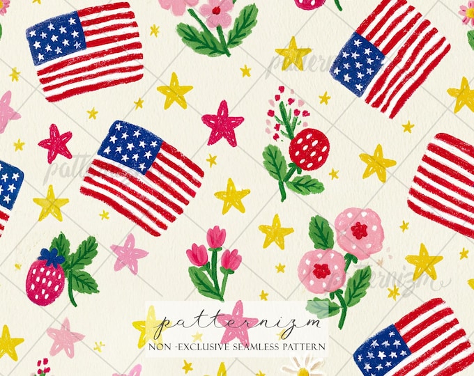 Seamless 4th of July Pattern Digital Download – American Flag, Stars & Strawberry Floral Design, Patriotic Summer Print, Cute Fabric