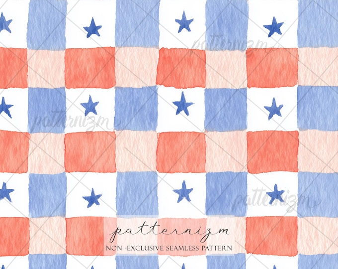 Seamless Patriotic Gingham Pattern Digital Download – 4th of July Americana Stars Checkered Design, Red Blue Watercolor Fabric