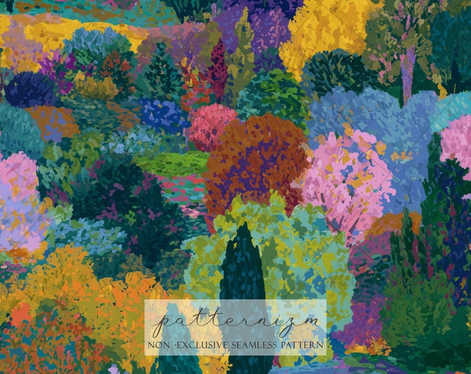 Seamless Colorful Garden Pattern Digital Download – Vibrant Impressionist Forest Design, Whimsical Landscape Fabric for Kids