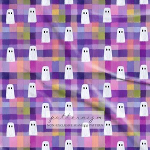 May include: A repeating pattern of white ghost figures with black eyes on a purple, pink, and orange plaid background. The text "patternizm" and "NON-EXCLUSIVE SEAMLESS PATTERN" are at the bottom.