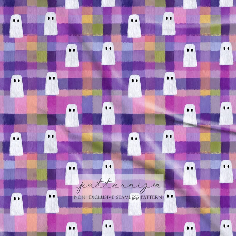 May include: A repeating pattern of white ghost figures with black eyes on a purple, pink, and orange plaid background. The text "patternizm" and "NON-EXCLUSIVE SEAMLESS PATTERN" are at the bottom.